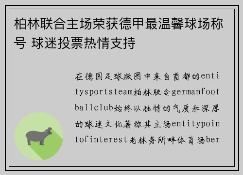 柏林联合主场荣获德甲最温馨球场称号 球迷投票热情支持